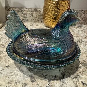 VTG RARE Indiana Glass Iridescent Carnival Blue Hen on Nest Covered Candy Dish 7